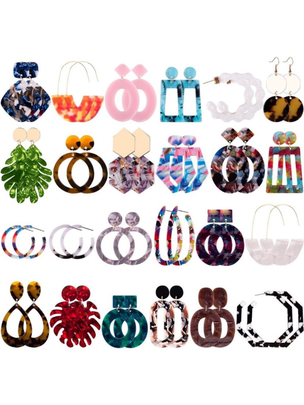 24 Pairs Acrylic Resin Drop Dangle Hoop Statement Earrings - Stylish Jewelry Set